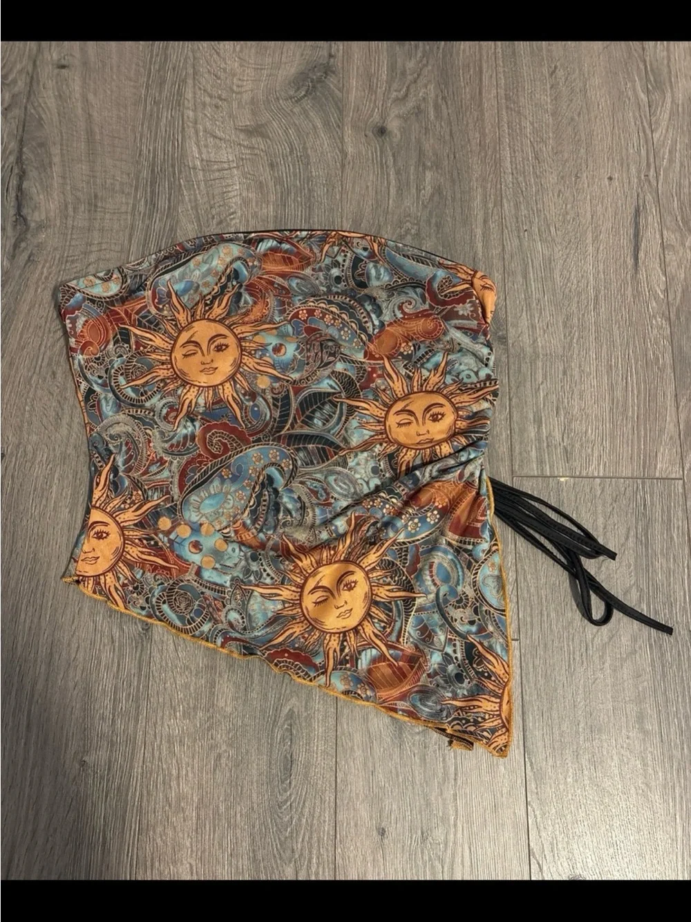 Sun Motif Strapless Scarf Top - Blue Brown
